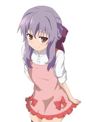 Rule 34 | 1girl, apron, arm behind back, black thighhighs, bow, brown eyes, cowboy shot, gobanme no mayoi neko, hair bow, highres, hiiragi shinoa, leaning froward, long hair, looking at viewer, owari no seraph, pink apron, purple bow, purple hair, red bow, shirt, simple background, smile, solo, standing, thighhighs, white background, white shirt
