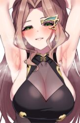 Rule 34 | 1girl, armpits, arms behind head, arms up, bare arms, bare shoulders, black shirt, blush, bodystocking, breasts, brown hair, cleavage, commentary, commission, grin, half-closed eyes, highres, idolmaster, idolmaster million live!, idolmaster million live! theater days, large breasts, long hair, looking at viewer, nasuno (nasuno42), nikaidou chizuru, official alternate costume, parted bangs, parted lips, presenting armpit, see-through clothes, shirt, sidelocks, simple background, skeb commission, sleeveless, sleeveless shirt, smile, solo, steaming body, sweat, upper body, wavy hair, white background