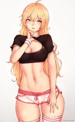 Rule 34 | 1girl, abs, ahoge, armband, black shirt, black sports bra, blonde hair, bluefield, blush, breasts, cleavage, cleft of venus, clothes lift, clothes pull, commentary, covered erect nipples, cowboy shot, highres, large breasts, lifting own clothes, long hair, navel, open mouth, patreon username, pulling own clothes, purple eyes, rwby, shirt, shirt lift, short shorts, short sleeves, shorts, shorts pull, simple background, smile, solo, sports bra, standing, stomach, striped clothes, striped thighhighs, sweat, thighhighs, thighs, very long hair, wavy hair, yang xiao long