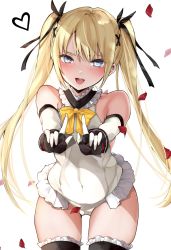 Rule 34 | 1girl, bare shoulders, black gloves, black ribbon, blonde hair, blue eyes, chigasaki yukari, commentary request, dead or alive, dead or alive 5, elbow gloves, fingerless gloves, frilled leotard, frilled thighhighs, frills, gloves, hair ornament, hair ribbon, highres, index finger raised, leotard, long hair, looking at viewer, marie rose, open mouth, ribbon, round teeth, simple background, smile, solo, teeth, thighhighs, thighs, twintails, two-tone gloves, upper teeth only, white background, white leotard, x hair ornament