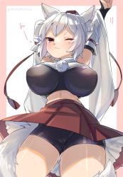 Rule 34 | 1girl, ;&lt;, animal ear fluff, animal ears, arm behind head, arm up, bike shorts, blush, bodystocking, breasts, closed mouth, commentary request, covered erect nipples, detached sleeves, from below, hat, highres, ibaraki natou, inubashiri momiji, large breasts, long sleeves, looking at viewer, miniskirt, narrow waist, one eye closed, pom pom (clothes), red eyes, red hat, red skirt, short hair, skirt, solo, stretching, tail, thighs, tokin hat, touhou, twitter username, white hair, wide sleeves, wolf ears, wolf tail