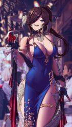 Rule 34 | 1girl, 3others, absurdres, alcohol, au ra, black gloves, blue dress, blue eyes, blurry, blurry background, breasts, brown hair, commission, cup, dress, drinking glass, final fantasy, final fantasy xiv, gloves, hair over one eye, highres, holding, holding cup, indoors, large breasts, long hair, multiple others, navel, open mouth, original, ponytail, scales, short hair, smile, standing, teeth, tongue, upper teeth only, white hair, wine, wine glass, zhvo