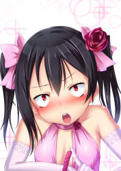 Rule 34 | &gt;:o, 10s, 1girl, :o, bare shoulders, black hair, blush, bow, bubble background, candle, constricted pupils, corsage, elbow gloves, flower, gloves, hair bow, hair flower, hair ornament, lace, lace-trimmed gloves, lace trim, long hair, love live!, love live! school idol project, pink bow, red eyes, satou kuuki, solo, twintails, v-shaped eyebrows, yazawa nico