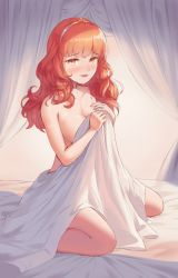 Rule 34 | 1girl, bed, bottledcloud, breasts, celica (fire emblem), censored, cleavage, covering privates, female focus, fire emblem, fire emblem echoes, fire emblem echoes: shadows of valentia, hairband, highres, kneeling, long hair, looking at viewer, medium breasts, nervous, nervous smile, nintendo, nude, open mouth, orange eyes, orange hair, sitting, smile, solo, sweat, sweatdrop, wariza