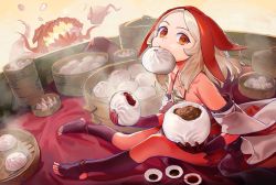 Rule 34 | 1girl, blonde hair, bodysuit, bowl, chinese commentary, commentary, food, food in mouth, gloves, highres, holding, holding food, looking at viewer, masterwork apocalypse, medium hair, mochi, monster, no shoes, parted bangs, red bodysuit, red eyes, red gloves, red headwear, red legwear, red shorts, ruint, shorts, sitting, solo, swagger (masterwork apocalypse), yellow background