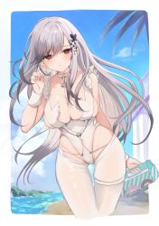 Rule 34 | 1girl, absurdres, alternate costume, asymmetrical bangs, azur lane, between breasts, box, breasts, butterfly hair ornament, choker, cleavage, closed mouth, commission, cosplay, cowboy shot, crotchless, crotchless pantyhose, day, dunkerque (azur lane), female focus, gift, gift box, gluteal fold, grey hair, groin, hair ornament, hair spread out, hand up, highres, holding, holding box, large breasts, le malin (azur lane), le malin (azur lane) (cosplay), le malin (listless lapin) (azur lane), leotard, long hair, looking at viewer, marekamico, o-ring, o-ring choker, official alternate costume, outdoors, pantyhose, red eyes, sidelocks, skeb commission, skindentation, solo, strap between breasts, thigh gap, thighs, white leotard, white pantyhose, white wrist cuffs, wrist cuffs