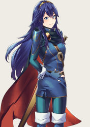 Rule 34 | 1girl, ameno (a meno0), bad id, bad twitter id, blue eyes, blue hair, cape, fingerless gloves, fire emblem, fire emblem awakening, gloves, highres, light blush, long hair, looking at viewer, looking back, lucina (fire emblem), nintendo, simple background, smile, solo, sword, symbol-shaped pupils, tiara, weapon