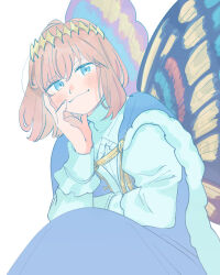 Rule 34 | 1boy, blue cape, blue eyes, blush, brown hair, butterfly wings, cape, diamond hairband, fate/grand order, fate (series), fingernails, fur-trimmed cape, fur trim, insect wings, juliet sleeves, long sleeves, looking at viewer, male focus, medium hair, oberon (fate), oneroom-disco, puffy sleeves, shirt, simple background, sitting, smile, solo, white background, white shirt, wings