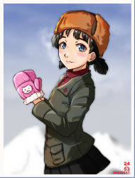 Rule 34 | 1girl, artist name, black hair, black skirt, blue eyes, brown hat, commentary request, dated, from side, fur hat, girls und panzer, green jacket, hat, highres, insignia, jacket, long sleeves, looking at viewer, low twintails, mittens, nina (girls und panzer), nishi itsumi, pink mittens, pleated skirt, pravda military uniform, red shirt, shirt, short twintails, skirt, solo, turtleneck, twintails, ushanka