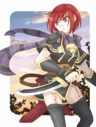 Rule 34 | 1girl, belt, cloud, dagger, frown, gloves, holding, holding dagger, holding knife, holding weapon, knife, leg tattoo, nagi mizuha, nel zelpher, purple eyes, red hair, scarf, short hair, sky, solo, square enix, star ocean, star ocean till the end of time, striped clothes, striped scarf, tattoo, thighhighs, tree, weapon, zettai ryouiki