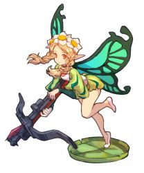 Rule 34 | 1girl, bad id, bad twitter id, blonde hair, bow (weapon), braid, butterfly wings, crossbow, fairy, faux figurine, flower, hair flower, hair ornament, insect wings, lily pad, long hair, mercedes (odin sphere), odin sphere, orange eyes, pointy ears, puff and slash sleeves, puffy shorts, puffy sleeves, red eyes, shorts, simple background, solo, taroji, twin braids, weapon, wings