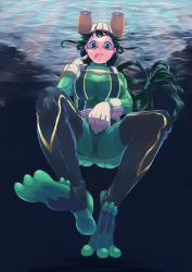 Rule 34 | 10s, 1girl, asui tsuyu, black eyes, black hair, bodysuit, boku no hero academia, boots, bow-shaped hair, frog girl, gloves, green bodysuit, hair rings, highres, long hair, solo, thigh boots, thighhighs, tongue, tongue out, underwater, woody