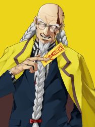 Rule 34 | 1boy, bald, blazer, braid, facial hair, fate/grand order, fate (series), formal, glasses, highres, holding, jacket, long hair, male focus, mustache, ofuda, old, old man, open mouth, silver hair, suit, zhang jiao, zhang jue (fate)