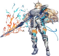 Rule 34 | 1girl, armor, barghest (fate), biceps, blonde hair, broken armor, barghest (first ascension) (fate), fate/grand order, fate (series), fire, full body, heterochromia, highres, long hair, looking back, melon22, muscular, muscular female, official art, simple background, solo, sword, thighs, weapon