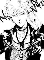 Rule 34 | 1boy, asymmetrical bangs, bleach, buttons, character name, collarbone, commentary request, earphones, furrowed brow, greyscale, high contrast, jewelry, kurosaki ichigo, looking at viewer, male focus, monochrome, necklace, necktie, serious, simple background, spiked hair, white background, yangyieva