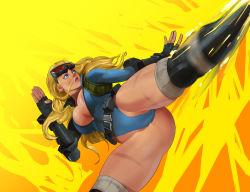 Rule 34 | 1girl, alternate costume, alternate hairstyle, areola slip, artist request, ass, bare legs, belt, blonde hair, boots, breasts, cammy white, capcom, cleavage, female focus, fingerless gloves, gloves, goggles, goggles on head, green eyes, highleg, highleg leotard, highres, kicking, knee boots, knee pads, large breasts, leotard, long hair, partially visible vulva, solo, street fighter, street fighter v, thighs, utility belt, zipper