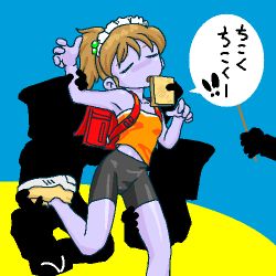 Rule 34 | 1girl, aliasing, backpack, bag, bare shoulders, bike shorts, bread slice, closed eyes, colored skin, corpse, food, food in mouth, futaba channel, igai, igai-san, lowres, maid, maid headdress, mouth hold, nijiura maids, purple skin, randoseru, shoes, sneakers, solo, speech bubble, strapless, toast, toast in mouth, translated, tube top, umisensha