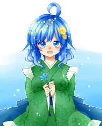 Rule 34 | 1girl, absurdres, ahoge, blue eyes, blue hair, breasts, colored eyelashes, fins, flower, green kimono, hair flower, hair ornament, head fins, highres, japanese clothes, kimono, looking at viewer, medium breasts, open mouth, ringlets, sash, smile, solo, totoharu (kujirai minato), touhou, wakasagihime, wide sleeves