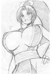 Rule 34 | 1girl, breasts, fatal fury, highres, image sample, koutarosu, large breasts, monochrome, pixiv sample, ponytail, shiranui mai, sketch, solo, the king of fighters