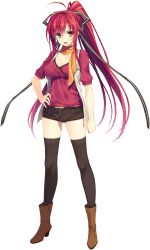 Rule 34 | 1girl, absurdres, black thighhighs, boots, brown footwear, full body, hand on own hip, high heels, highres, juukishi cutie bullet, long hair, looking at viewer, minami mayu, non-web source, open mouth, ponytail, red eyes, red hair, scarf, shorts, simple background, smile, solo, standing, thighhighs, very long hair, white background, yuuki hagure