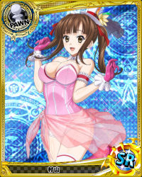 Rule 34 | 10s, 1girl, argyle, argyle background, argyle clothes, argyle legwear, artist request, blue background, breasts, brown eyes, brown hair, card (medium), character name, chess piece, covered erect nipples, gloves, hair ribbon, halftone, halftone background, hat, high school dxd, large breasts, magic circle, mini hat, mini top hat, murayama (high school dxd), official art, pawn (chess), pink gloves, ribbon, smile, solo, thighhighs, top hat, trading card, twintails, white thighhighs