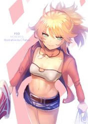 Rule 34 | 1girl, artist name, belt, black belt, blonde hair, braid, breasts, character name, clarent (fate), collarbone, commentary request, copyright name, ctiahao, denim, denim shorts, fate/apocrypha, fate/grand order, fate (series), green eyes, highres, holding, holding sword, holding weapon, jacket, jewelry, long hair, looking at viewer, medium breasts, mordred (fate), mordred (fate/apocrypha), mordred (memories at trifas) (fate), necklace, parted lips, ponytail, red jacket, shorts, smile, solo, sword, weapon