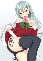 Rule 34 | 10s, 1girl, aqua hair, ass, bare shoulders, black panties, black thighhighs, breasts, clothes lift, collarbone, condom, condom in mouth, dated, detached collar, dress, dress lift, fur trim, green eyes, hair between eyes, hand on breast, highres, kantai collection, large breasts, long hair, looking at viewer, lying, medium breasts, mouth hold, nebusoku, panties, red dress, side-tie panties, solo, suzuya (kancolle), thighhighs, tongue, tongue out, twitter username, underwear