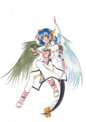 Rule 34 | 1girl, alternate costume, arc system works, asymmetrical wings, blue hair, bow (weapon), cosplay, crossdressing, dated, dizzy (guilty gear), guilty gear, red eyes, ribbon, simple background, solo, tail, tail ornament, tail ribbon, weapon, white background, wings