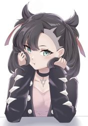 Rule 34 | 1girl, :t, asymmetrical bangs, black choker, black hair, black jacket, blush, choker, commentary request, creatures (company), dress, earrings, eyelashes, game freak, green eyes, hair ribbon, hands up, haruto irasuto, highres, jacket, jewelry, looking at viewer, marnie (pokemon), nintendo, open clothes, open jacket, pink dress, pokemon, pokemon swsh, pout, red ribbon, ribbon, solo