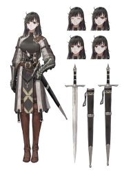 Rule 34 | 1girl, ahoge, belt, black eyes, black hair, boots, breasts, brown thighhighs, character sheet, clenched teeth, closed eyes, coat, expressions, frown, gauntlets, glaring, highres, jun (navigavi), knight, long sleeves, auyn awinaz (navigavi), looking at viewer, medium breasts, medium hair, multiple views, original, parted lips, pelvic curtain, scabbard, sheath, sheathed, simple background, smile, sword, teeth, thigh boots, thighhighs, turtleneck, weapon, white background