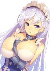 Rule 34 | 1girl, azur lane, belfast (azur lane), blue eyes, blue hair, braid, breasts, chain, cleavage, collar, collarbone, commentary request, french braid, gauntlets, kibanda gohan, large breasts, long hair, looking at viewer, maid, maid headdress, parted lips, silver hair, simple background, smile, solo, white background
