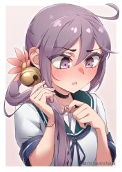 Rule 34 | 1girl, absurdres, akebono (kancolle), bell, breasts, flower, hair bell, hair flower, hair ornament, highres, jingle bell, kantai collection, long hair, namaata, playing with own hair, purple eyes, purple hair, school uniform, serafuku, short sleeves, side ponytail, small breasts, solo, upper body, very long hair