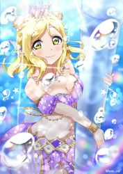 Rule 34 | 1girl, arm strap, bad id, bad pixiv id, blonde hair, blush, breasts, bubble, cleavage, collarbone, cowboy shot, crown, floating hair, highres, holding, jewelry, long hair, looking at viewer, love live!, love live! school idol festival, love live! sunshine!!, medium breasts, midriff, mini crown, miniskirt, navel, necklace, ohara mari, panda copt, purple skirt, skirt, smile, solo, stomach, strapless, underwear, wrist cuffs, yellow eyes