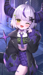Rule 34 | 1girl, ;d, absurdres, ahoge, black jacket, blush, brown eyes, chain-link fence, choker, collared shirt, commentary request, crop top, demon horns, fang, fence, grey hair, hair ornament, hand up, highres, hololive, horns, jacket, la+ darknesss, long sleeves, looking at viewer, manhole cover, masaki (msk064), midriff, multicolored hair, navel, necktie, on railing, one eye closed, open clothes, open jacket, open mouth, plaid, plaid skirt, pleated skirt, puffy long sleeves, puffy sleeves, purple choker, purple hair, purple necktie, purple skirt, railing, shirt, short hair, sitting, skirt, sleeves past fingers, sleeves past wrists, smile, solo, stairs, stone stairs, streaked hair, virtual youtuber, white shirt, x hair ornament