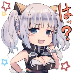 Rule 34 | 1girl, :3, :d, absurdres, bare shoulders, black dress, blue eyes, blush, breasts, cleavage, cleavage cutout, clothing cutout, commentary request, dress, dyson (edaokunnsaikouya), fang, hair ornament, hairclip, highres, kaguya luna, large breasts, looking at viewer, obi, open mouth, sash, silver hair, simple background, sleeveless, sleeveless dress, smile, solo, star (symbol), the moon studio, translation request, twintails, virtual youtuber, white background
