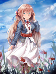 Rule 34 | 1girl, absurdres, arm up, bad id, bad pixiv id, blue eyes, blue jacket, blue sky, blush, boots, bow, breasts, brown footwear, brown hair, closed mouth, cloud, cloudy sky, collared dress, cross-laced footwear, day, dress, flower, girls&#039; frontline, hair between eyes, hair bow, highres, jacket, lace-up boots, long hair, long sleeves, looking at viewer, medium breasts, mutang, neck ribbon, outdoors, red flower, red ribbon, ribbon, sky, smile, solo, springfield (girls&#039; frontline), striped, striped bow, very long hair, white bow, white dress, wind