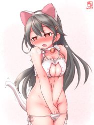Rule 34 | 10s, 1girl, 2016, anal tail, animal ears, artist name, bare shoulders, bell, black hair, blush, bra, breasts, butt plug, cat cutout, cat ear panties, cat ears, cat lingerie, cat tail, choker, cleavage cutout, clothing cutout, commentary request, dated, fake animal ears, fake tail, female masturbation, hand on own hip, haruna (kancolle), heart, heart-shaped pupils, highres, jingle bell, kanon (kurogane knights), kantai collection, long hair, masturbation, meme attire, navel, neck bell, open mouth, panties, side-tie panties, simple background, solo, symbol-shaped pupils, tail, underwear