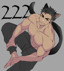 Rule 34 | 1boy, abs, animal ears, bad id, bad pixiv id, bara, black hair, black pants, cat boy, cat ears, cat tail, dark-skinned male, dark skin, foot out of frame, from above, highres, large pectorals, looking at viewer, looking up, male focus, muscular, muscular male, nipples, original, pants, pectorals, short hair, sitting, solo, tail, topless male, torawar
