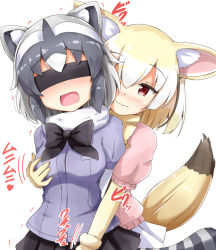 Rule 34 | 10s, 2girls, aikawa ryou, animal ears, black hair, blindfold, blonde hair, blush, bow, bowtie, grabbing another&#039;s breast, brown eyes, commentary request, common raccoon (kemono friends), covered eyes, fennec (kemono friends), fox ears, fox tail, gloves, grabbing, grabbing from behind, groping, highres, implied fingering, kemono friends, multicolored hair, multiple girls, open mouth, raccoon ears, raccoon tail, short hair, short sleeves, simple background, skirt, smile, striped tail, tail, trembling, wavy mouth, white background, yuri