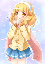 Rule 34 | 10s, 1girl, blonde hair, blush, cardigan, hairband, highres, kise yayoi, mittens, open mouth, precure, scarf, school uniform, short hair, skirt, smile precure!, solo, white hairband, xenon (for achieve), yellow eyes
