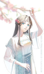 Rule 34 | 1girl, absurdres, aqua eyes, black hair, blunt bangs, flower, hair flower, hair ornament, highres, lanxi zhen, li qingning (the legend of luoxiaohei), long sleeves, looking at viewer, pink flower, see-through, see-through sleeves, simple background, smile, solo, luo xiaohei zhanji, upper body, white background, yuki01