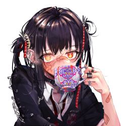 Rule 34 | 1girl, bandaid, bandaid on arm, bandaid on face, bandaid on hand, black hair, blood, chain, coat of arms, collar, collared shirt, commentary, cup, earrings, english commentary, hair intakes, hair ornament, hair ribbon, heterochromia, highres, holding, jacket, jewelry, looking at viewer, loose necktie, multiple earrings, multiple rings, necktie, original, red eyes, ribbon, safety pin, scar, scar on face, shirt, drinking, solo, spikes, stud earrings, teacup, tokikosann, translation request, transparent background, upper body, yellow eyes