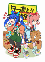 Rule 34 | 2girls, :d, absurdres, agnes digital (umamusume), ahoge, animal ears, appleq, apron, text background, black pants, blue apron, blue eyes, blue footwear, blue hair, blue shirt, bow, box, cardboard box, closed mouth, collared shirt, colored shadow, commentary request, flying sweatdrops, gradient hair, green apron, hair between eyes, hair bow, heterochromia, highres, holding, holding box, hood, hood down, hoodie, horse ears, horse girl, horse tail, kneehighs, long hair, multicolored hair, multiple girls, open mouth, pants, pink hair, pink socks, pointing, pointing at self, purple eyes, red bow, red footwear, shadow, sharp teeth, shirt, shoes, sidelocks, smile, socks, standing, tail, teeth, translation request, twin turbo (umamusume), twintails, umamusume, very long hair, white background, white hoodie