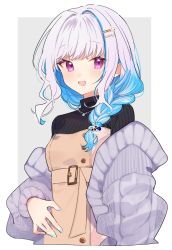 Rule 34 | 1girl, blush, border, braid, buckle, copyright request, hair intakes, hair ornament, hairclip, highres, jacket, jewelry, lize helesta, long hair, long sleeves, looking at viewer, necklace, nijisanji, off shoulder, open clothes, open jacket, open mouth, outside border, purple eyes, purple hair, sidelocks, smile, solo, tooru (jux), turtleneck, upper body, virtual youtuber