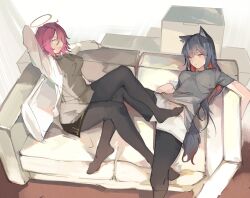 Rule 34 | 2girls, absurdres, arknights, black hair, black pantyhose, box, breasts, cardboard box, cmdr saturn, colored inner hair, couch, exusiai (arknights), grey shirt, halo, highres, jacket, legs, long hair, medium breasts, multicolored hair, multiple girls, no shoes, on couch, open clothes, open jacket, orange eyes, pantyhose, pantyhose under shorts, red hair, shirt, short hair, shorts, sketch, stretching, texas (arknights), white jacket, white shorts