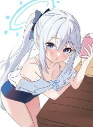 Rule 34 | 1girl, blue archive, blue bow, blue halo, blue one-piece swimsuit, bow, cellphone, collarbone, grey hair, hair bow, halo, highres, holding, holding phone, long hair, looking at viewer, miyako (blue archive), miyako (swimsuit) (blue archive), nonddu, official alternate costume, one-piece swimsuit, phone, ponytail, purple eyes, simple background, solo, swimsuit, white background