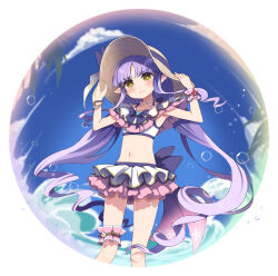 Rule 34 | 1girl, armpits, bikini, bikini skirt, blue sky, blush, elf, flat chest, frilled bikini, frilled skirt, frills, frown, hand on headwear, hat, highres, kyoka (summer) (princess connect!), kyoka (princess connect!), long hair, looking at viewer, low twintails, midriff, navel, parted bangs, pleated skirt, pointy ears, princess connect!, purple hair, scrunchie, sidelocks, skirt, sky, straw hat, swimsuit, torinosu afro, twintails, very long hair, white background, white bikini, yellow eyes