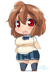 Rule 34 | 1girl, ahoge, bad id, bad pixiv id, blush, breasts, brown hair, chibi, collared shirt, d:, eno konoe, fat, large breasts, looking at viewer, mikomu, open mouth, original, red eyes, school uniform, shirt, sketch, skirt, socks, solo, sweater vest