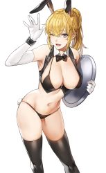 Rule 34 | 1girl, ;d, animal ears, arm up, armpits, bare shoulders, bikini, black bikini, black bow, black bowtie, black thighhighs, blonde hair, blue eyes, bow, bowtie, breasts, cameltoe, cleavage, detached collar, elbow gloves, fake animal ears, feet out of frame, gloves, groin, high ponytail, highres, holding, holding tray, kim eb, large breasts, leotard, long hair, looking at viewer, navel, no pants, nontraditional playboy bunny, one eye closed, open mouth, original, pinstripe pattern, pinstripe vest, playboy bunny, ponytail, purple eyes, rabbit ears, rabbit tail, sidelocks, simple background, skindentation, sleeveless, smile, solo, standing, stomach, string bikini, striped, swimsuit, tail, thighhighs, tray, vest, white background, white gloves, wing collar, wrist cuffs