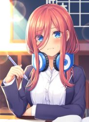 Rule 34 | 1girl, 3:, bad id, bad pixiv id, black jacket, blazer, blue eyes, blush, book, breasts, buttons, chair, chalkboard, classroom, closed mouth, commentary request, day, desk, dress shirt, eyes visible through hair, go-toubun no hanayome, hair over one eye, headphones, headphones around neck, holding, holding pen, indoors, jacket, lens flare, long hair, long sleeves, looking at viewer, medium breasts, mutsuba fumi, nail polish, nakano miku, on chair, open book, open clothes, open jacket, pen, pink nails, red hair, school chair, school desk, shirt, sidelocks, sitting, solo, sunlight, upper body, white shirt